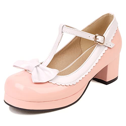 Joliss Damen Blockabsatz Klassischer T-Spange Lolita Schuhe Damen Mode Bogen Lolita Schuhe Pink Gr 38 EU/39Cn von Joliss