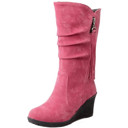 Joliss Damen Keilabsatz Hohe Stiefel Runde Zehen Slip-On-Stiefel Warm Winter Lining Lockere Stiefel Pink-Hm Gr 40.5 EU/42Cn von Joliss