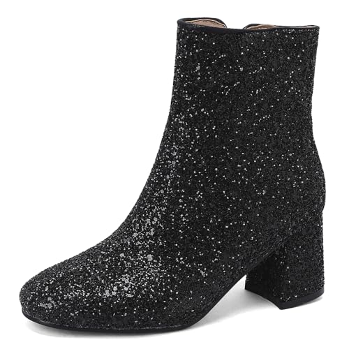 Joliss Damen Mode Glitzer Stiefeletten Runde Zehen Stiefeletten Blockabsatz Zip Stiefeletten Abend Anzugstiefel Schwarz Gr 42 EU/44Cn von Joliss