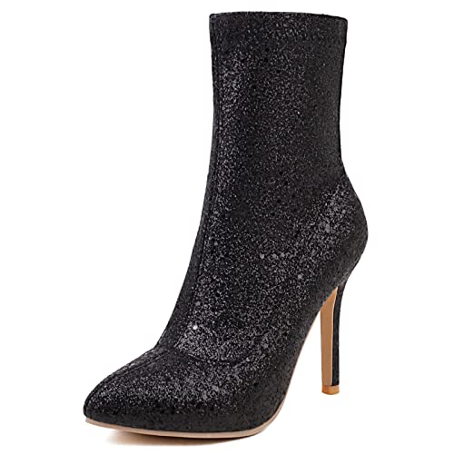 Joliss Damen Pointed Toe Kleid Stiefeletten Damen Glitzer Party Kleid Stiefeletten Damen Ohne Verschluss Stretch Stiefel Damen Höhe Ferse Abend Kleid Stiefeletten Schwarz Gr 38 EU/39Cn von Joliss