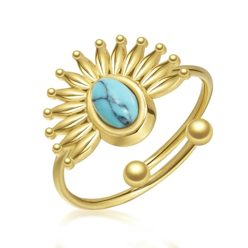 Joo&Rind Ringe Frauen, Ring Damen mit Türkis Edelstein, 14k Vergoldete Edelstahl Ringe Damen, Offener Verstellbar Gold Ring, Hypoallergen Schmuck Damen, Geschenke für Frauen von Joo&Rind