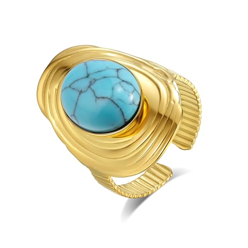 Joo&Rind Ringe Frauen, Ring Damen mit Türkis Edelstein, 14k Vergoldete Edelstahl Ringe Damen, Offener Verstellbar Gold Ring, Hypoallergen Schmuck Damen, Geschenke für Frauen (Gold H) von Joo&Rind