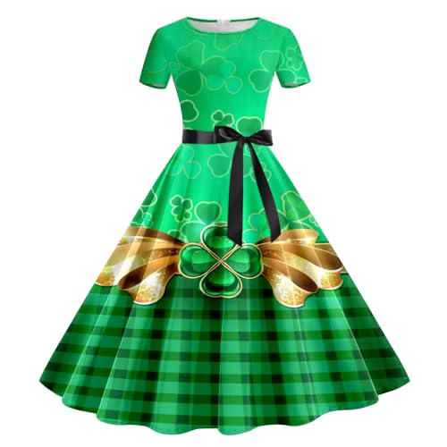 Damen St. Patrick's Day Kleider Kurzarm Kleeblatt Kleid Vintage Hepburn Cocktailkleid Langarm Druck Partykleid A-Linie Swing Kleid Dress Vintage Festliche Faltenrock von Jooffery