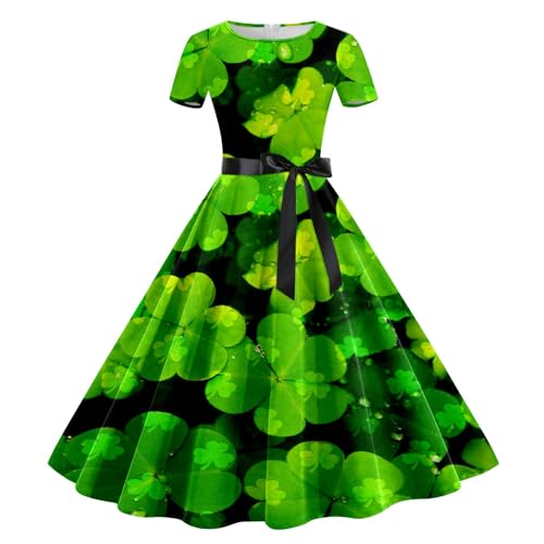 Damen St. Patrick's Day Kleider Kurzarm Kleeblatt Kleid Vintage Hepburn Cocktailkleid Langarm Druck Partykleid A-Linie Swing Kleid Dress Vintage Festliche Faltenrock von Jooffery