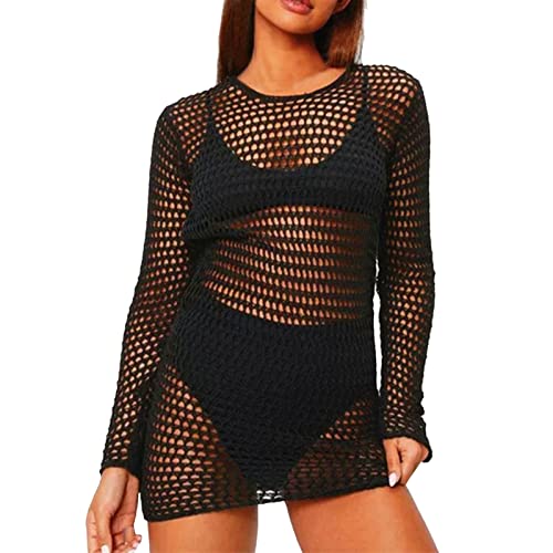 Netzkleider Damen Sexy Durchsichtiges Blusenkleid Schwarz Kleid Minirock Bikini Cover Up Strandkleid-zum Tragen über Badeanzügen & Bikinis von Jooffery