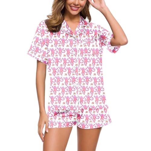 Jooffery Roller Rabbit Pyjama Damen, Schlafanzug mit Knopfleiste Kurzarm Revers Nachtwäsche Pyjamas Set Zweiteiliger Nachtwäsche Hausanzug Sleepwear Freizeitanzug Lounge Set von Jooffery