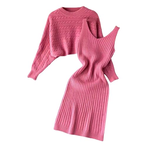 Strickpullover Strickkleid Zweiteiler Set Fauler Stil Pulloverkleid für Damen Einfarbiges Gestrickt Kleid Set Oberteil Pullover und Kleid Bodycon 2 Teiliges Sweater Strickkleid Pullikleid Minikleid von Jooffery