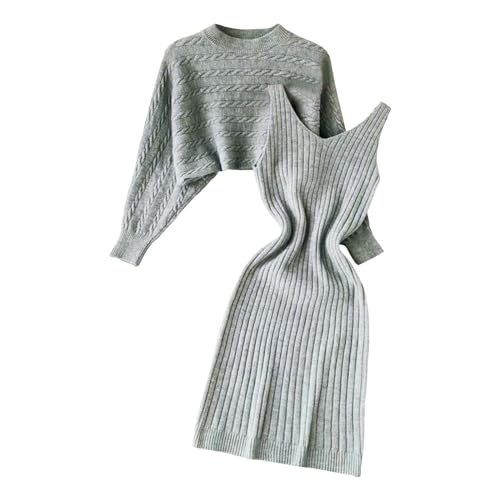 Strickpullover Strickkleid Zweiteiler Set Fauler Stil Pulloverkleid für Damen Einfarbiges Gestrickt Kleid Set Oberteil Pullover und Kleid Bodycon 2 Teiliges Sweater Strickkleid Pullikleid Minikleid von Jooffery