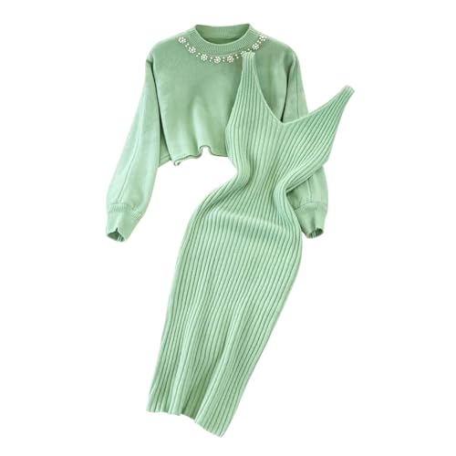 Strickpullover Strickkleid Zweiteiler Set Fauler Stil Pulloverkleid für Damen Einfarbiges Gestrickt Kleid Set Oberteil Pullover und Kleid Bodycon 2 Teiliges Sweater Strickkleid Pullikleid Minikleid von Jooffery