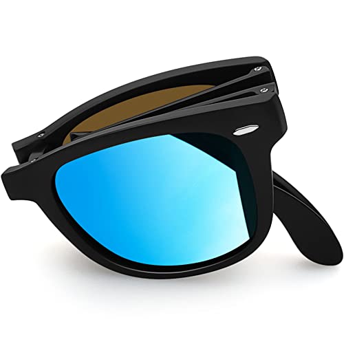 Joopin Faltbare Sonnenbrille Herren Polarisiert Spiegel Rechteckige Faltsonnenbrille Blau Verspiegelt Retro Sonnenbrille Damen Tragbar (Retro Blau) von Joopin