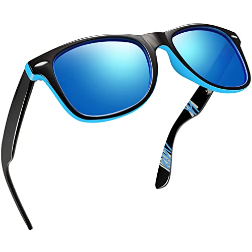 Joopin Polarisierte Sonnenbrille Herren Retro UV400 Unisex Rechteckige Sonnenbrille Damen Blau Gläser Spiegel zum Fahren Wandern (Schwarz Verspiegelt Blau) von Joopin