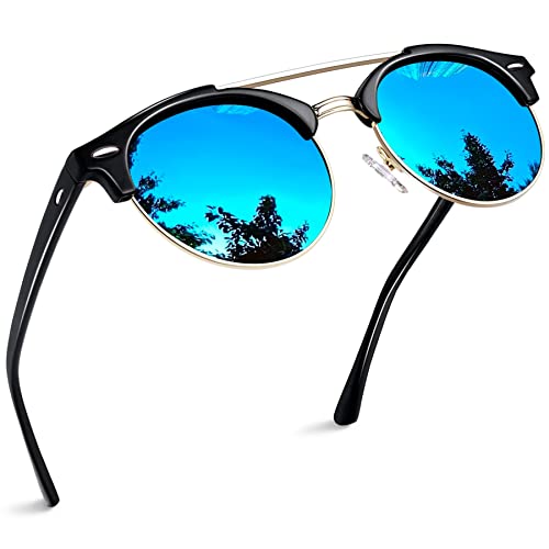 Joopin Retro Halbrahmen Sonnenbrille Herren und Sunglasses Unisex Klassische Polarisierte Sonnenbrillen Damen Verspiegelt Rund für Autofahrer und Reisebrille(Verspiegelt Blau) von Joopin