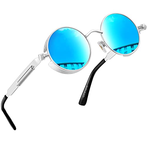 Joopin Retro Sonnenbrille Herren Rund Polarisierte Steampunk Brille Vintage Driving Sunglasses und Runde Sonennbrille Damen mit UV400-Schutz(Silber Blau Verspiegelt) von Joopin