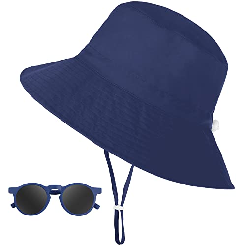 Fischerhut Baby Junge, UV Schutz UPF 50+ Breiter Krempe und Sonnenschutz Sonnenhut Baby, Kinder Bucket Hat mit Verstellbarem Kinnriemen, Sommer Strandhut mit Sonnenbrille - Blau, 6-24 Monate von Jopee