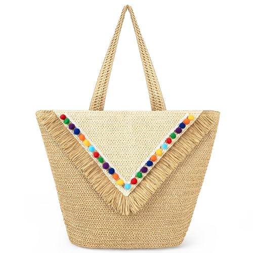 Joryin Handgewebte Strandtasche für Damen, große Strohtasche, Rattan-Strandtasche mit Pompons, Naturfaser, Boho-Strand-Geldbörse für den Urlaub, Sommer-Hobo-Tragetasche, Schultertasche, Khaki, X-Large von Joryin