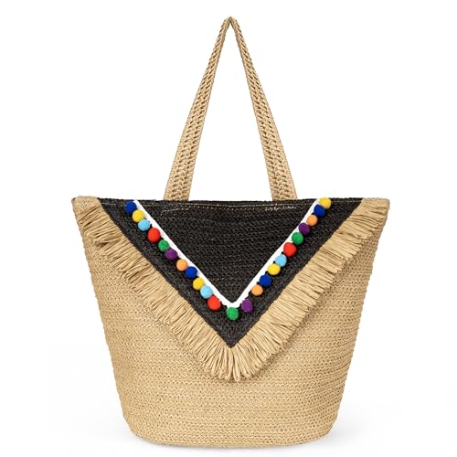 Joryin Handgewebte Strandtasche für Damen, große Strohtasche, Rattan-Strandtasche mit Pompons, Naturfaser, Boho-Strand-Geldbörse für den Urlaub, Sommer-Hobo-Tragetasche, Schultertasche, Khaki, X-Large von Joryin