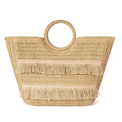 Joryin Handgewebte Strandtasche für Frauen, große Strohtasche, Rattan-Strandtasche mit Quasten-Fransen, oberer Griff, Sommer-Hobo-Handtasche, Naturfaser, Boho-Strand-Geldbörse für Urlaub, Khaki von Joryin