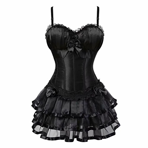 Josamogre Damen vollbrust sexy corsage kleid kurz korsett mit träger strapse spitze schnürmieder burlesque gothic Schwarz 3XL von Josamogre