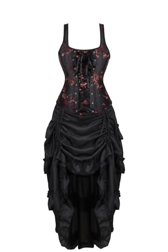 Josamogre Korsett Damen Corsagen Kleid Corsagenkleid Straps Reißverschluss Sexy Dornenrost Blumen Spitze Vintage Mittelalter Schwarz L von Josamogre