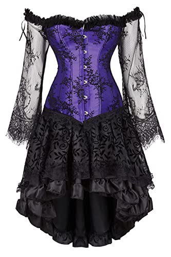 Josamogre Korsett Kleid Damen Corsage Corsagenkleid Corset Dress Lange Ärmel Schnüren Vintage Sexy Gothic Violett M von Josamogre