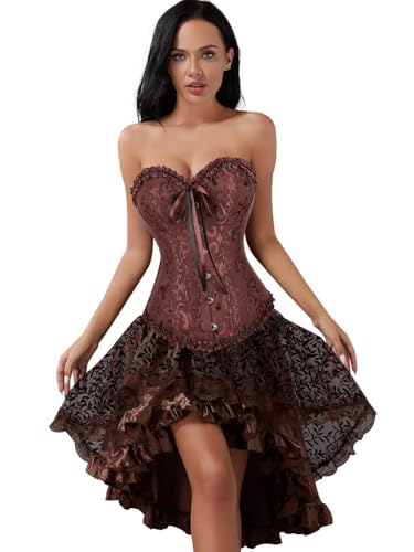 Josamogre Korsett Kleid Rock Set Damen Kostüm Piraten Corsage Corset Dress Bustier Korsage Corsagenkleid Halloween Piratenenkleid Braun S von Josamogre