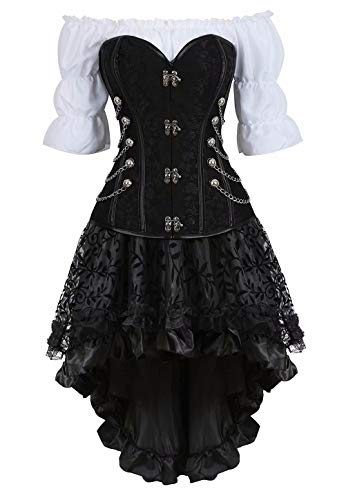 Josamogre Steampunk Corsage Corsagenkleid korsett bustier piraten Kostüm mit asymmetrischer Spitzenrock und Bluse für Karneval Halloween Schwarz M von Josamogre