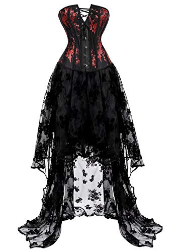 corsagenkleid Gothic Korsett Kleid Corsage Bustier Set Stickerei Damen Spitze asymmetrisch Rock Schwarz 3XL von Josamogre