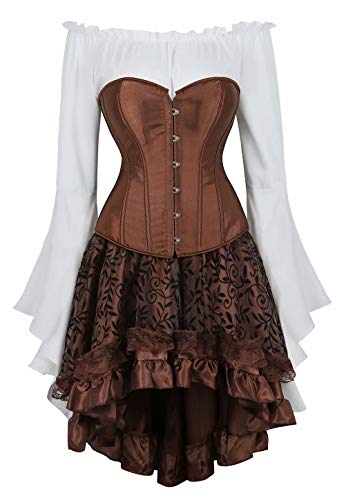 Josamogre korsett Corsagenkleid Corsage bustiers kleid vollbrust Spitzenrock und Bluse für Karneval Spitzenrock 3-teiliges Set White Brown 2xl von Josamogre