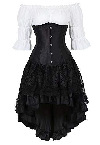 Josamogre korsett Corsagenkleid Corsage kleid elegant Kostüm underbust Spitzenrock und Bluse für Karneval 3 teiliges Set Schwarz M von Josamogre