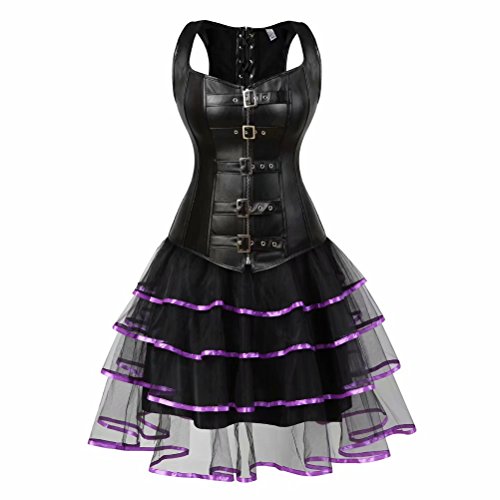 Steampunk Leder Korsett Kleid Tutu Corsagenkleid elegant viktorianisch Corsage mit träger Strapse Rock Set Damen sexy Schwarz Violett L von Josamogre