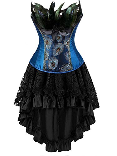 Korsett Kleid Corsage Korsage Corsagenkleid Rock pfau Feder Damen Vollbrust Bustier sexy Gothic Burlesque Blau XL von Josamogre