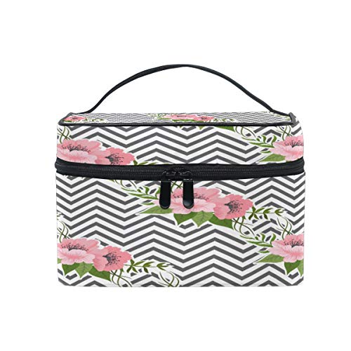 Reise-Make-up-Tasche, tragbar, rosa Blumendruck mit schwarz-weißem Chevron-Zickzack-Muster, Kosmetiktasche, praktischer Kulturbeutel, Organizer für Damen und Mädchen von Josid