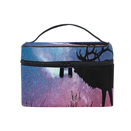 Reise-Make-up-Tasche, tragbar, schöne Landschaft mit Hirsch unter dem Sternenhimmel, Kosmetiktasche, praktischer Kulturbeutel, Organizer für Damen, Mädchen von Josid