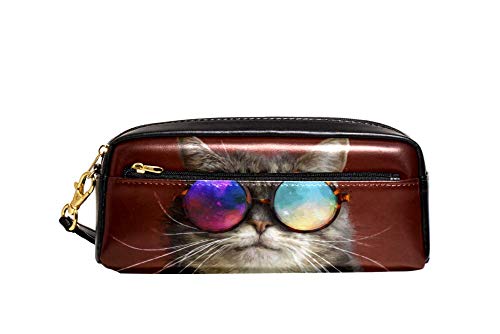 Federmäppchen mit großem Fassungsvermögen, Hipster-Katzenbekleidung, farbige Sonnenbrille, Stifteetui, Organizer, Schreibwaren, Leder, Reise-Kosmetiktasche mit Fächern, Geschenk für Mädchen, Jungen, von Josidd