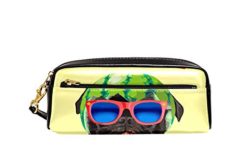 Federmäppchen mit großem Fassungsvermögen, schwarzer Mops in Sonnenbrille und Wassermelone, Stifteetui, Organizer, Schreibwaren, Leder, Reise-Kosmetiktasche mit Fächern, Geschenk für Mädchen, Jungen, von Josidd