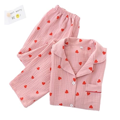 JosuE Pyjama-Set mit Herz-Print, Baumwoll-Pyjama-Set, süßes Langarm-Button-Down-Shirt mit Herz-Print und Langer Hose (Pink,Large) von JosuE