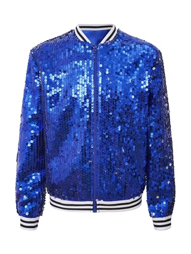 Jowowha Kinder Jungen Mädchen Pailletten Jacke Langarm Glitzer Baseball Jacke College Sweatjacke Jazz Hip Hop Disco Outfits Tanzkostüm A Royal Blau 158-164 von Jowowha