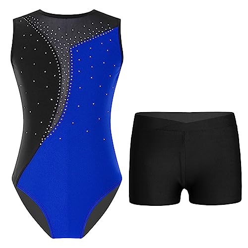 Jowowha Kinder Mädchen Turnanzug Gymnastik Trikot Ärmellos Strass Body mit Shorts Gymnastik Eislaufen Training Performance Tanzkostüm B Royal Blau&Schwarz 158-164 von Jowowha