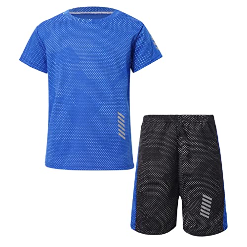 Jowowha Kinder Sport Kleidung Set Jungen Mädchen Sports Trikots Ärmellos/Kurzarm T-Shirt und Shorts Sport Trainingsanzug Fussball Basketball Kleidung L Blau 122-128 von Jowowha