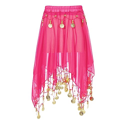 Jowowha Mädchen Bauchtanz Rock Chiffon Tanzrock mit Münzen Gummiband Asymmetrisch Rock Orientalische Indische Tanzkleidung Dunkel Rosa Einheitsgröße von Jowowha