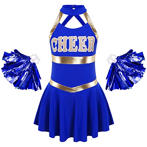 Jowowha Mädchen Cheer Leader Cheerleading Kostüm Ärmellos Cheer Kleid mit Pompoms Schulmädchen Uniform Halloween Karneval Show Tanzkleid C Royal Blau ohne Socken 134-140 von Jowowha