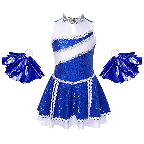 Jowowha Mädchen Cheer Leader Cheerleading Kostüm Ärmellos Kleid mit Pompons Glänzend Tanzkleid Halloween Kostüm Karneval Fasching Partykleid Royal Blau 122-128 von Jowowha