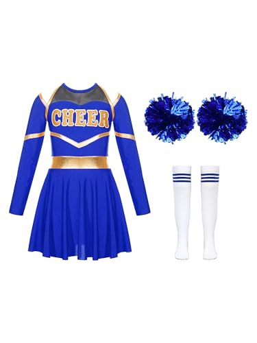 Jowowha 3 Stück Mädchen Cheer Leader Cheerleading Kostüm Langarm Kleid mit Pompoms Socken Halloween Karneval Fasching Partykleid Royal Blau 146-152 von Jowowha