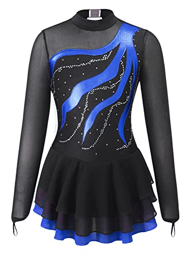 Jowowha Mädchen Eiskunstlauf Kleid Rollschuhkleid Langarm Ballettkleid Glitzer Tanzkleid Ballerina Latein Kleid Wettbewerb Gr.110-176 Aa Royal Blau 122-128 von Jowowha