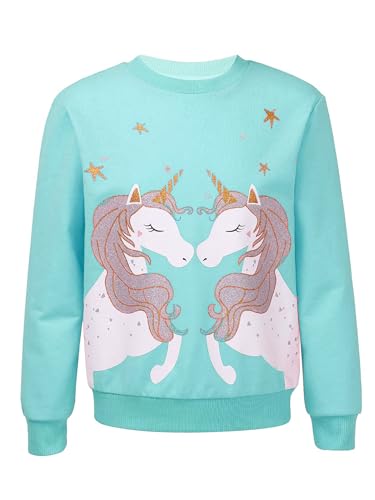 Jowowha Mädchen Pullover Sweatshirt Glitzernde Einhörner/Pferd Druck Pulli Rundhals Langarmshirt Casual Jumper Tops Oberteile Gr.98-176 Blau Grün 122-128 von Jowowha