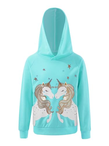 Jowowha Mädchen Sweatshirt Hoodie Pullover Einhörner Pferd Druck Kapuzenpulli Langarmshirt Tops Jumper Oberteile Gr.98-176 Blau Grün 158-164 von Jowowha