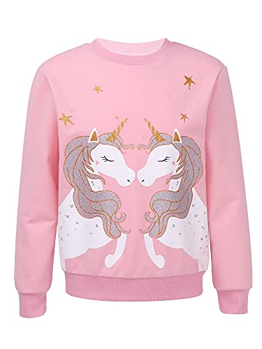 Jowowha Mädchen Pullover Sweatshirt Glitzernde Einhörner/Pferd Druck Pulli Rundhals Langarmshirt Casual Jumper Tops Oberteile Gr.98-176 Rosa 98-104 von Jowowha