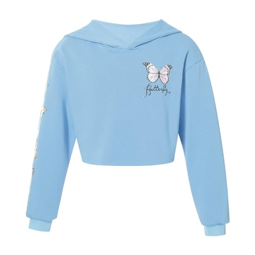 Jowowha Mädchen Sweatshirt Schmetterling Kapuzenpullover Langarmshirt Crop Tops Kinder Hoodie Pullover Pulli Sport Sweater Top Gr.98-176 Hellblau 134-140 von Jowowha