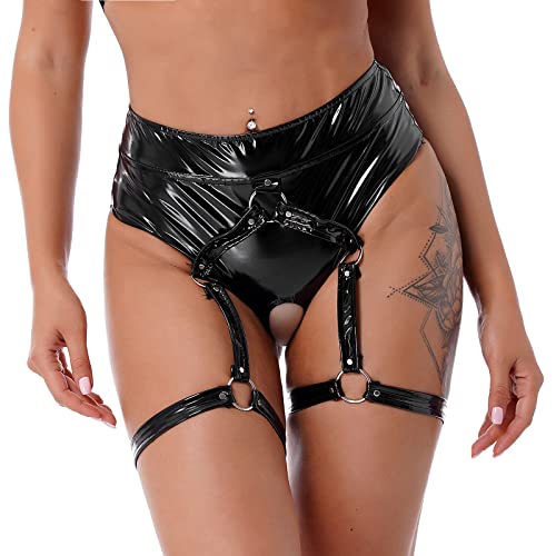 Jowowha Wetlook String Damen Ouvert Slip mit Strumpfband Lack Leder Panties Tanga Schwarz Frauen Höschen Sexy Dessous Erotik Unterwäsche Aa Schwarz C L von Jowowha