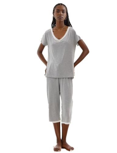 Schlafanzug Damen Kurz-Kurzarm Sommer Zweiteiliger Sommer Pyjama Sets Capri Nachtwäsche Nachthemd Hausanzug(Hellgrau,M) von Joyaria